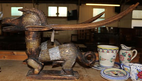 Pair of Bambara carved antelope head dresses, applied with metalwork